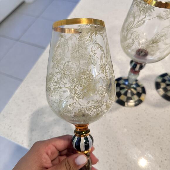 MacKenzie Childs Blooming Wine Glasses Goblet Courtly Check Set Of 3 Designer - Picture 4 of 15